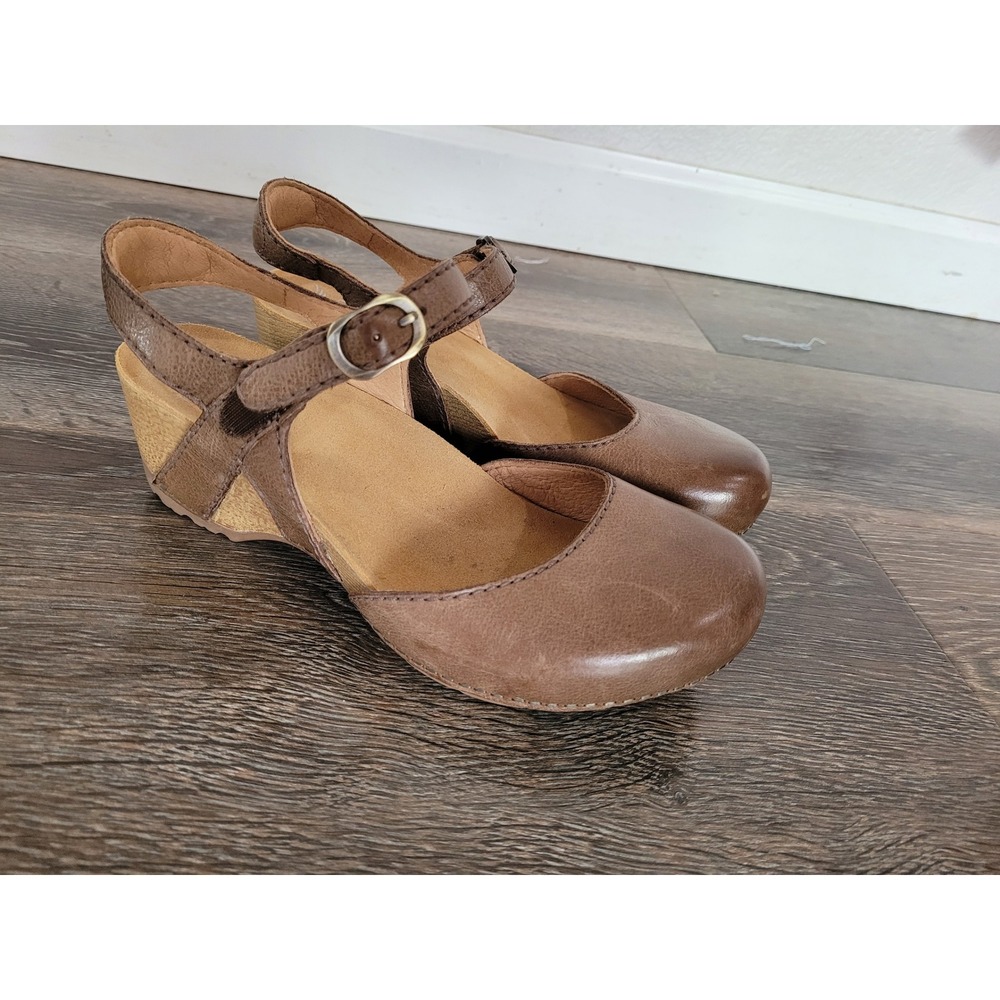 Dansko Brown Leather Mary Jane Wedge Sandals Closed Toe Clogs Womens US 7.5-8